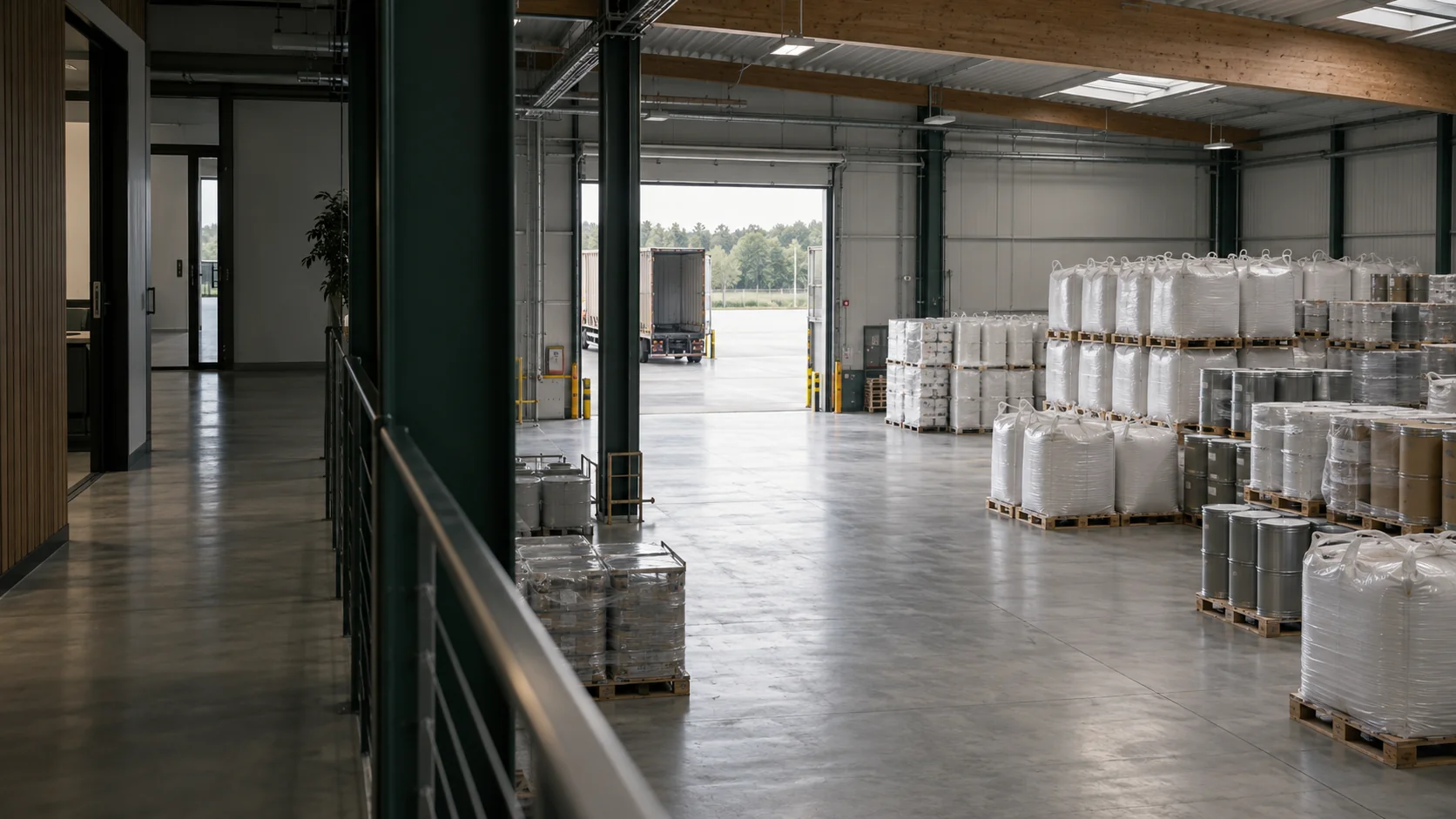 Illustrative industrial storage interior with sealed drums and bulk bags