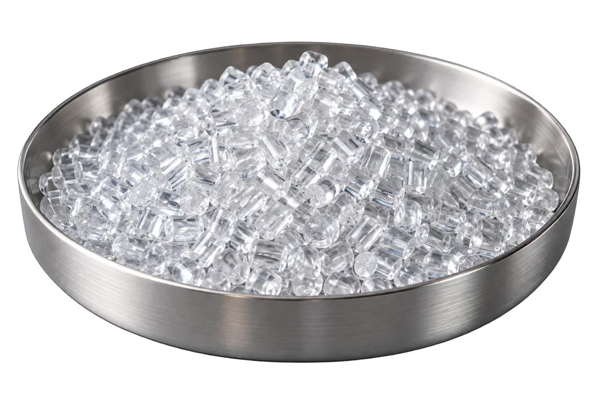 Illustrative clear polymer resin pellets in a sample dish