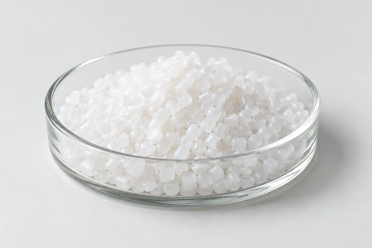Illustrative natural polyethylene resin pellets in a glass sample dish
