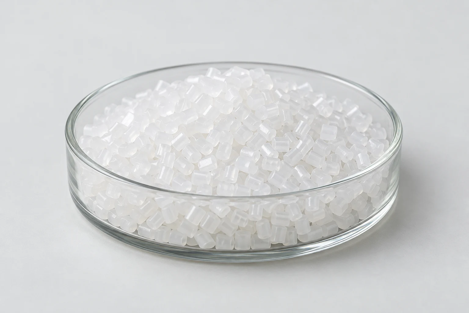 Illustrative natural polypropylene resin pellets in a glass sample dish