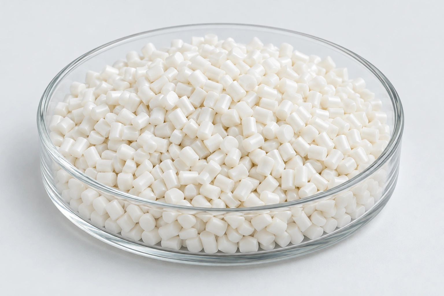 Illustrative opaque white HIPS resin pellets in a sample dish